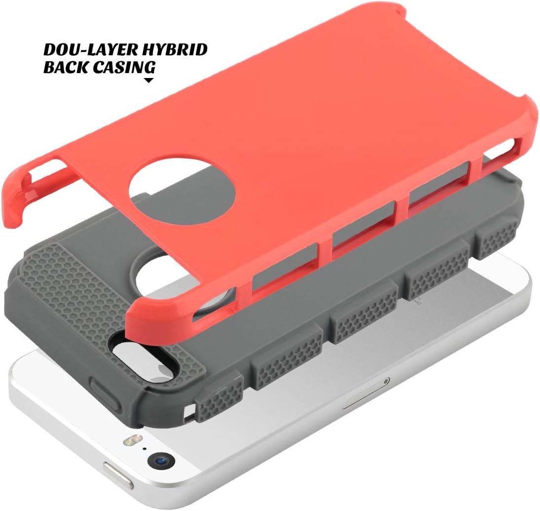 ULAK iPhone SE Case, iPhone 5S Case, iPhone 5 Case, Slim Fit Dual Layer Protection Case Shock Absorbing Hard Rugged Ultra Protective Back Rubber Cover with Impact Protection (Neon Red+Grey)