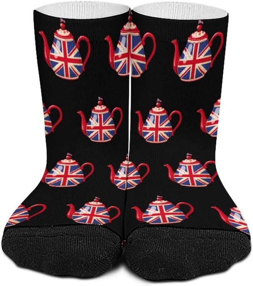 British Tea UK Teapot Union Jack Flag Knee High Socks Athletic Long Stockings Sport Casual Crew Tube Sock Boot