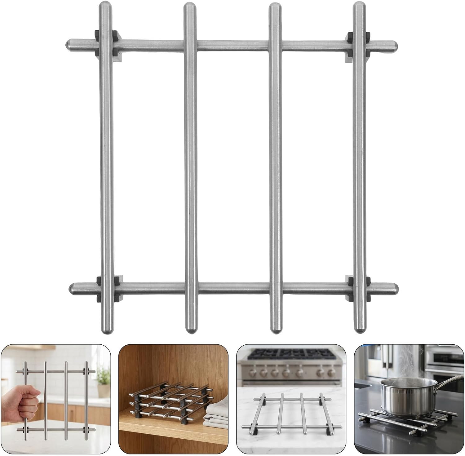 3pcs Stainless Steel Square Trivets 7 Inch with Rubber Feet, Heat Resistant Hot Pads for Kitchen Countertop Protection, Resists Warping, for Island and Entertaining