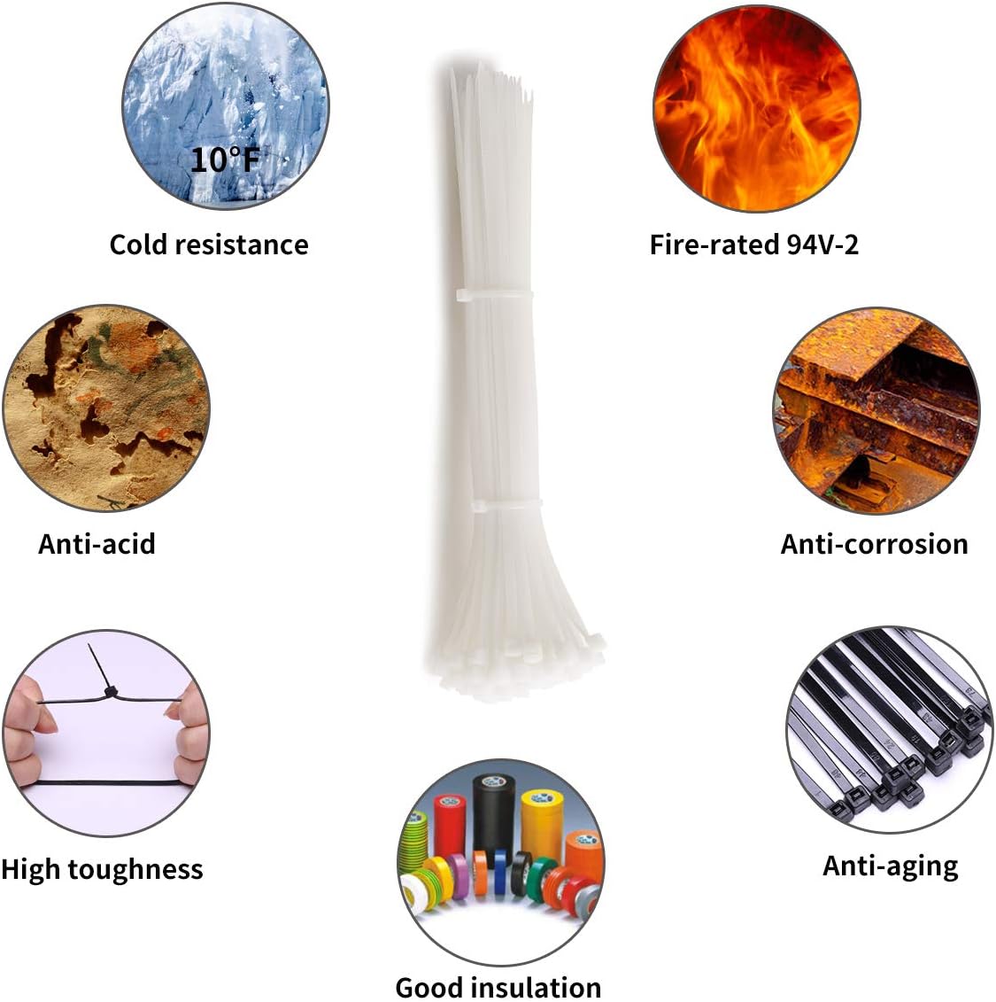 600Pcs White Zip Ties Assorted Sizes Standard Self-Locking Nylon Cable Tie 4/6/8/10/12 Inch with Cable Mount Perfect for Home Office Garage Wire Management Strip Fastening