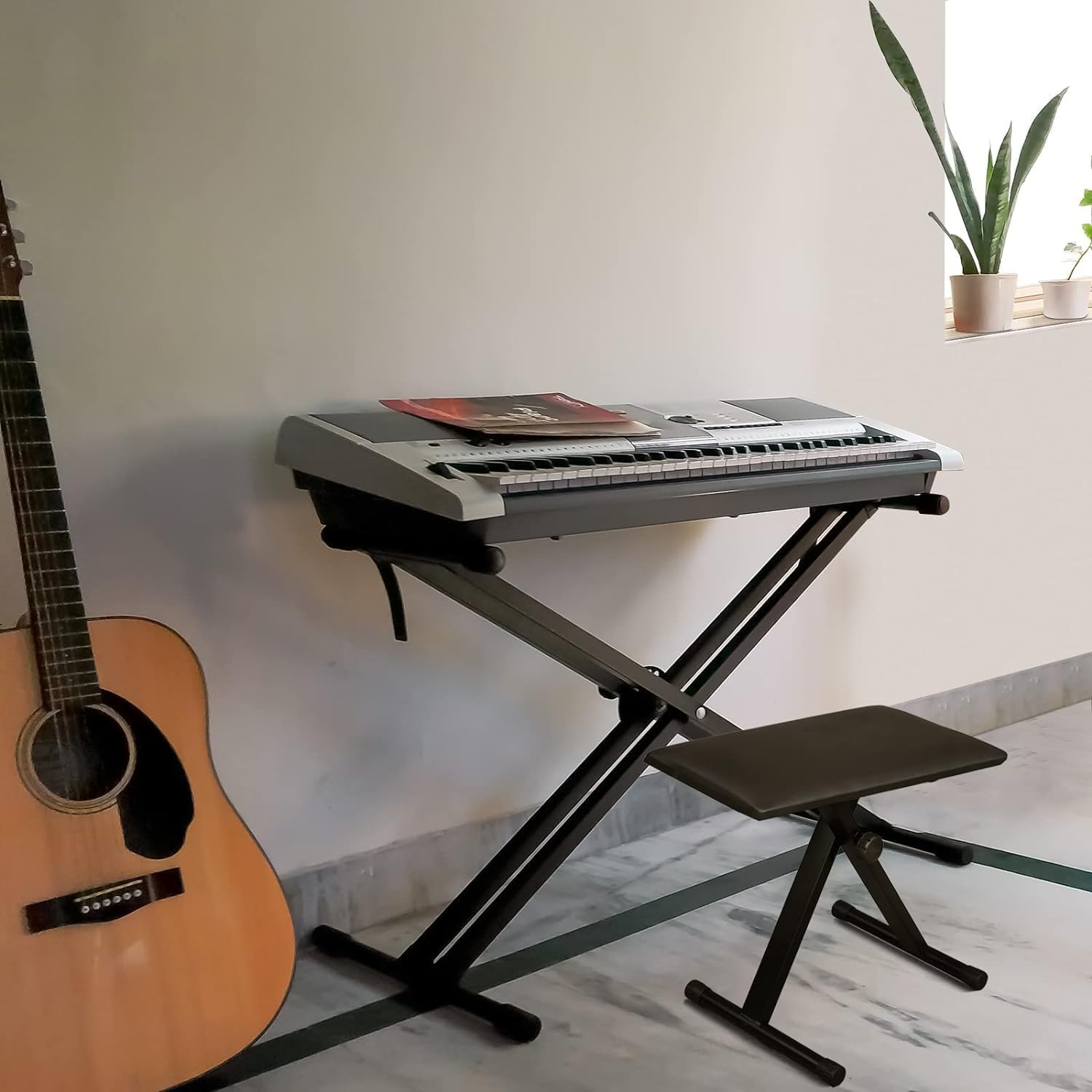 Double X Keyboard Stand and Bench Set, Heavy-Duty Adjustable Height Digital Piano Keyboard Stand with Locking Straps(Black)