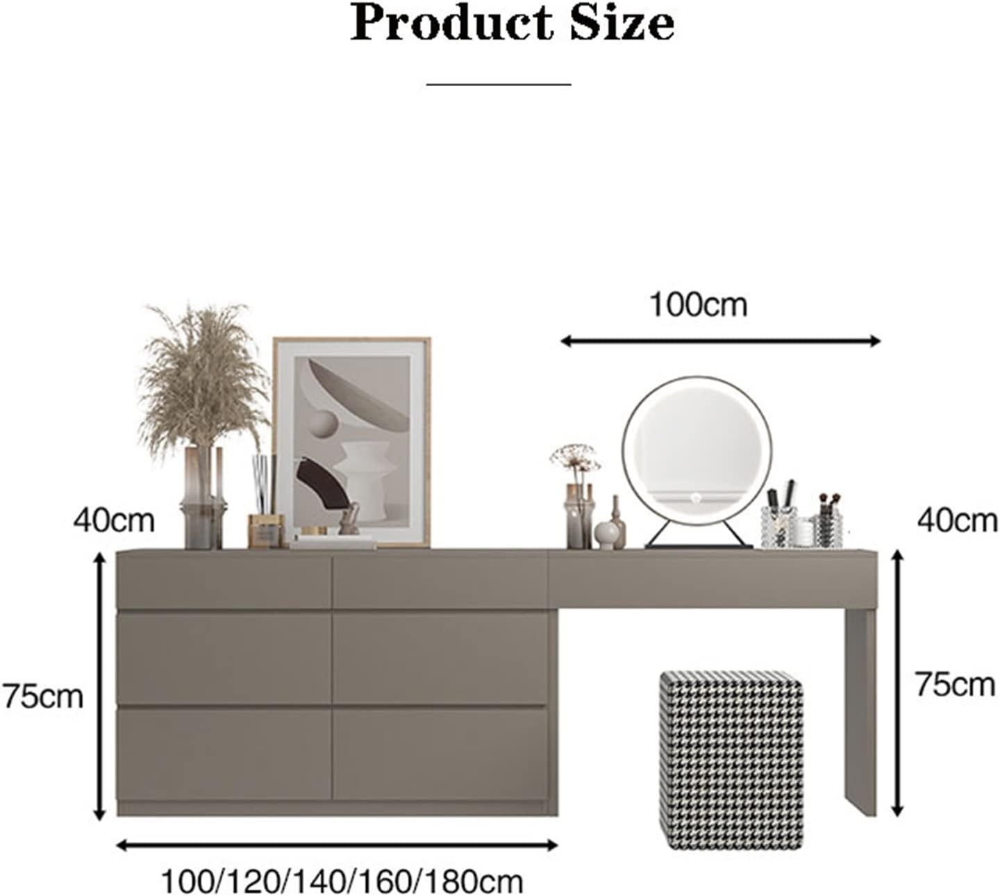 Vanity Dressing Table Set Luxury Makeup Bench with 3 Colours LED HD Mirror, Comfortable Stool Drawers Cabinet, Modern Simple Style, for Girl's Gift (Size : 160 cm)