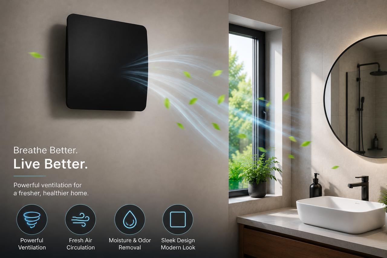 YOUBUILD 6 Inch 150mm Exhaust Fan for Bathroom Kitchen Office | Sleek Modern Panel Design | Energy Efficient Motor | Low Noise Ventilation Fan with 2-Years Warranty Wall Mount Exhaust Fan- Black 4