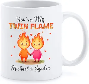 You're My Twin Flame White Coffee Cup, Personalized 11oz or 15oz Ceramic Mug, Fire Flames Design, Custom Couple Gift