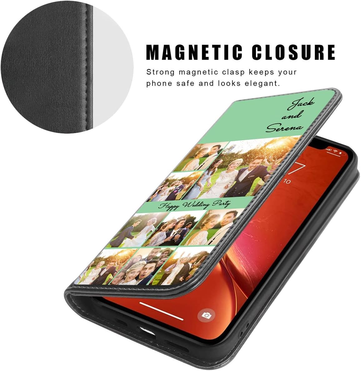 Styletify Personalized Photo Wallet Phone Case for iPhone 14,Custom Multi-Picture Folio Flip Case PU Leather Customized Case with Card Slots and Kickstand Shockproof Cover Black P