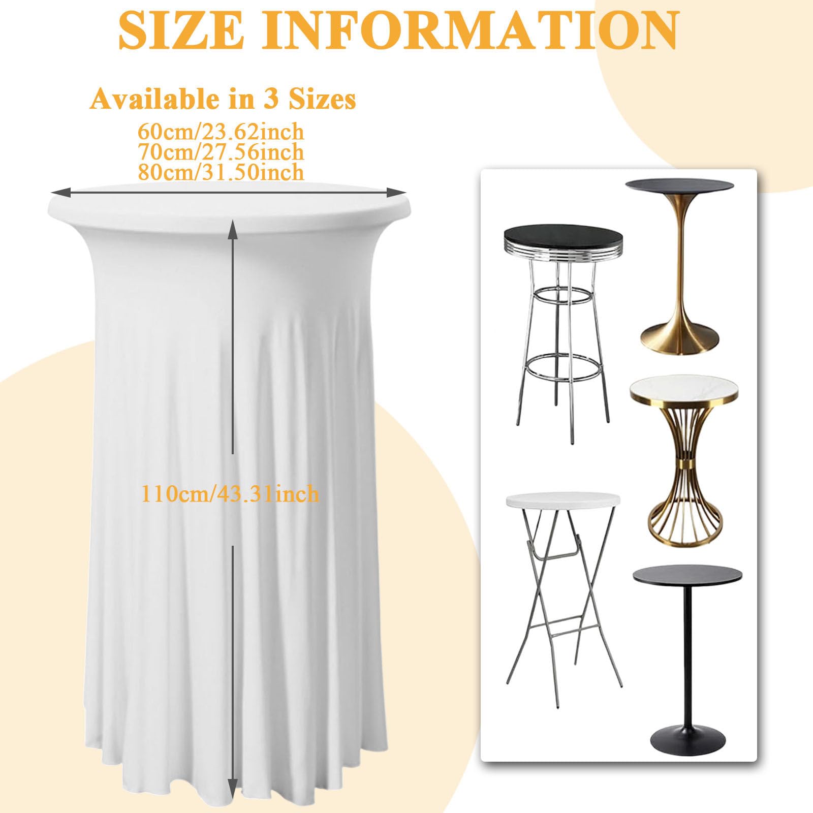 Mantel redondo para mesa de cóctel, 60 x 110 cm, color blanco crema, mantel para bodas, fiestas, eventos, decoración de bar y celebraciones nupciales.