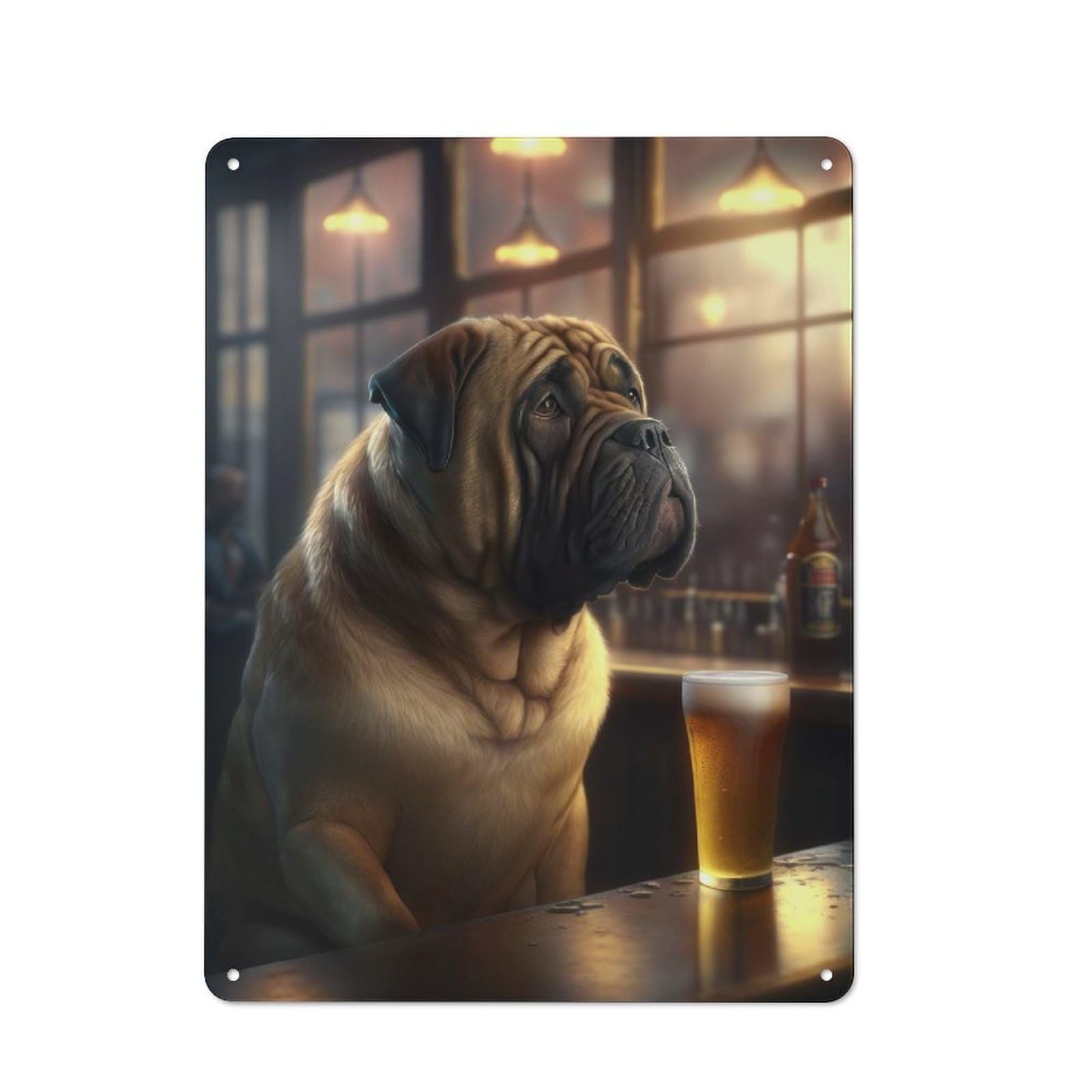 Tin Sign 40x30cm with Mastiff Dog Drinking Beer for Pub Or Café, Rustic Decor, Wall Decoration for A Recently Updated Pub And Café