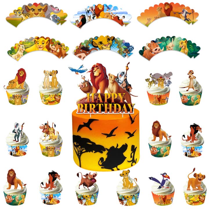 49PCS The Lion King Cake Decorations with 1pcs Cake Topper, 24pcs Cupcake Toppers and 24pcs Wrappers for Birthday Party Supplies