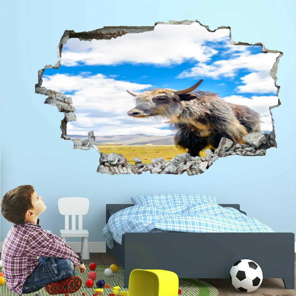 Sticker Mural 3D Bovins Des Highlands Stickers Muraux Smashed Art Imperméable Ciel Bleu Et Nuages Blancs Tatouage Mural En Pour Enfants Chambre Salon Salle De Jeux Bébé Pépinière Décor À La Maison