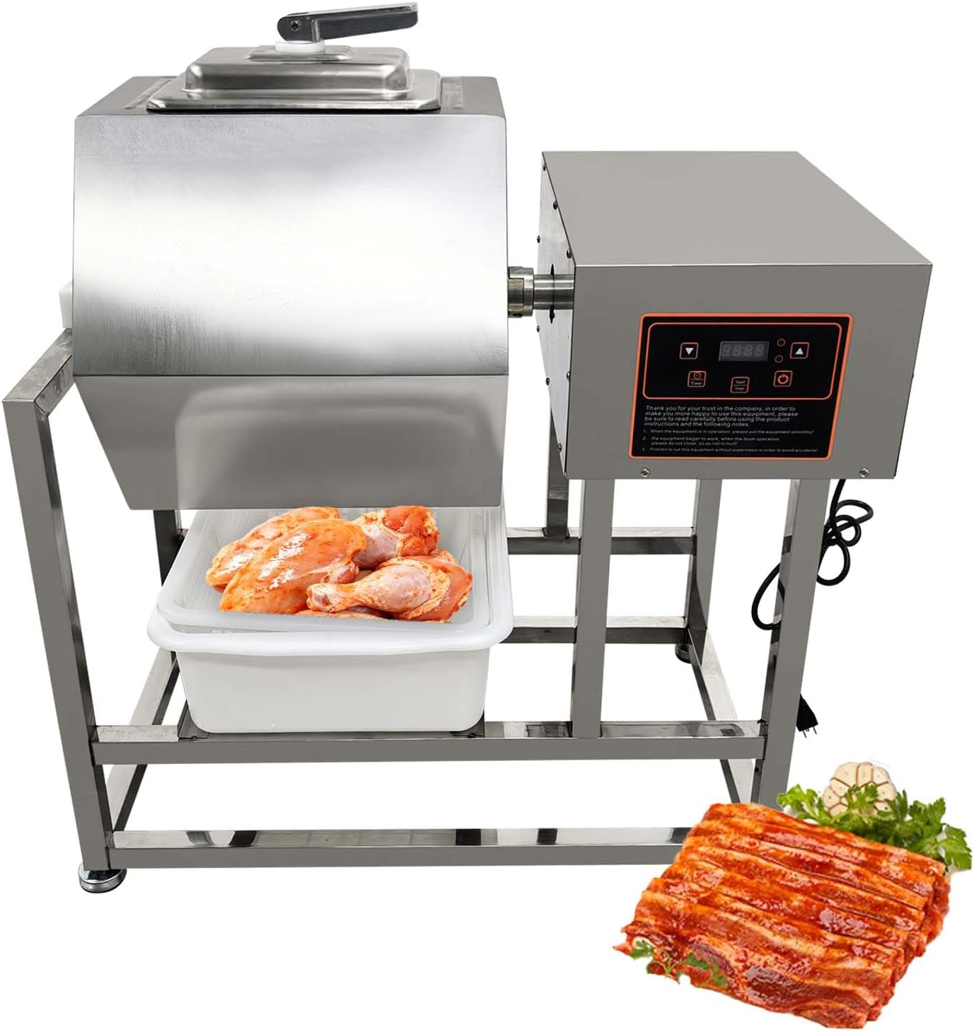 Meat Tumbler Marinator, 70L Vacuum Tumbler Marinating Machine for Chicken Steak Pork Kimchi, Stainless Steel Vacuum Curing Machine with 360° Rotation for Restaurants