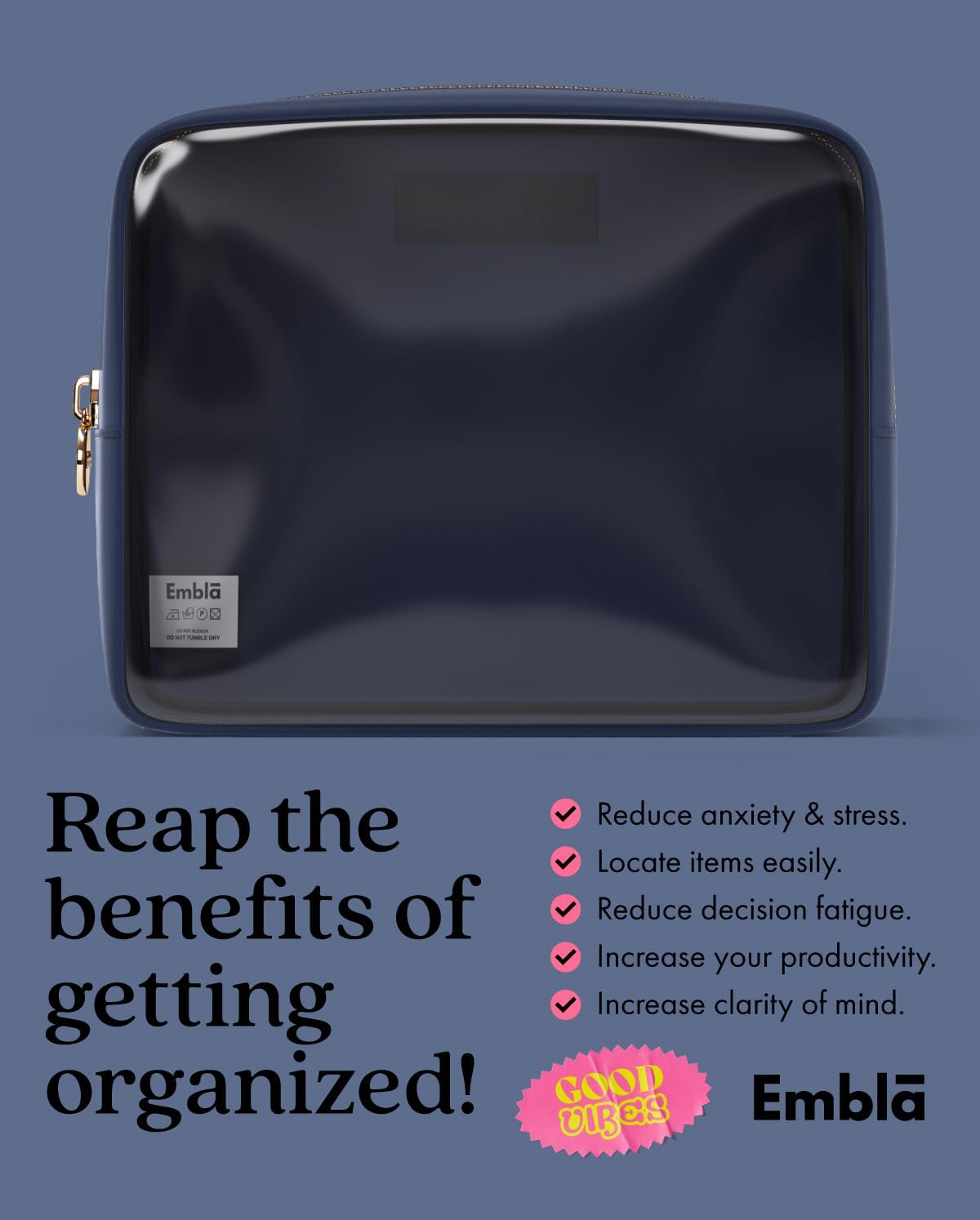 Embla Clear Large Makeup Bag and Waterproof Nylon Travel Toiletry Bag, See Through Cosmetic Zipper Pouch, Navy Blue - Image 6