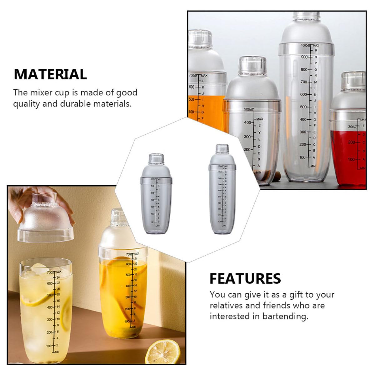 BESPORTBLE Shaker à Cocktail en Plastique 5 Pièces avec Graduation, Couvercle Étanche, Capacité 350-1000 Ml, Mélangeur Professionnel pour Bar et Maison, Ustensile Cocktail Pratique