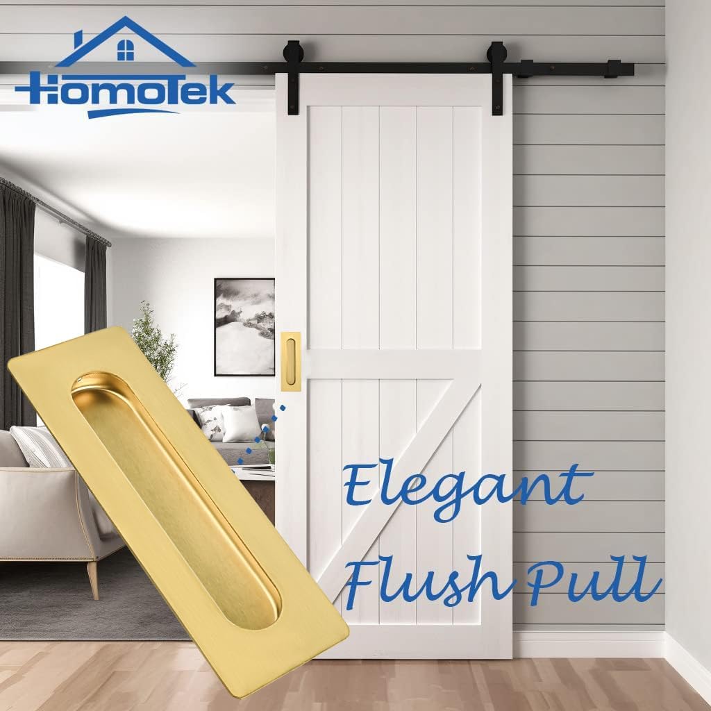 HOMOTEK 7 in Flush Pull Sliding Closet Door Handles 4 Pack Recessed Rectangular Big Handles Bypass Door Handles, Large Size Stainless Steel Barn Door Finger Pull Set, Free of Sharp Edge(Brushed Brass)