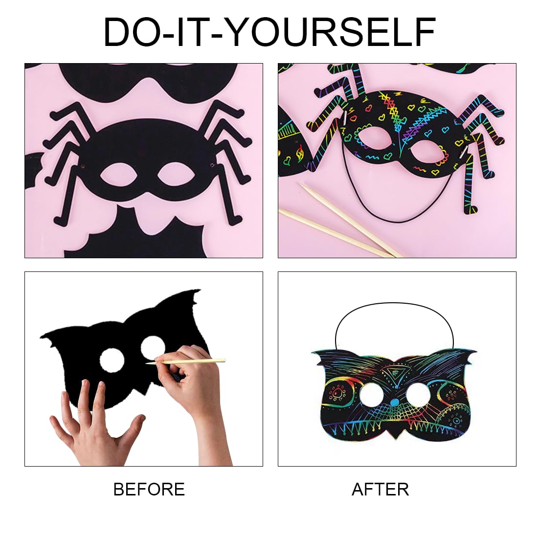 Wishstar 24 sztuki obrazków do zdrapywania na Halloween, maseczki do zdrapywania dla dzieci, maski na Halloween, zestaw do majsterkowania DIY z elastycznymi sznurkami i drewnianymi rylcami, dekoracja
