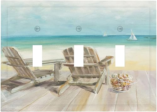 Interruptor de luz, silla de playa, paisaje marino, océano azul, placa de pared de 3 cuadrillas, placa de interruptor de triple luz, moderna palanca