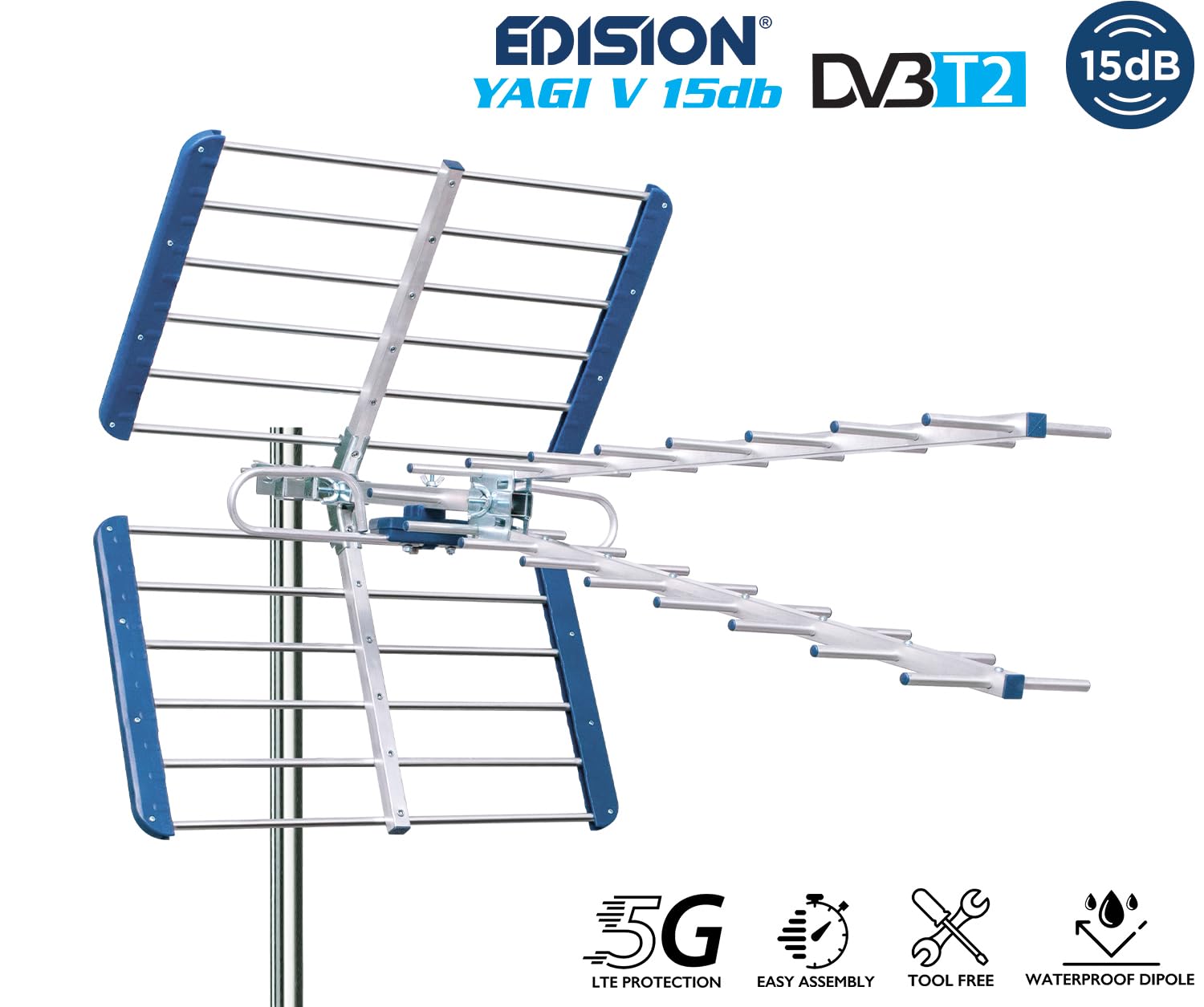 EDISION YAGI V 15db Antenna TV Digitale Terrestre UHF 21-48 esterno, con filtro 5G LTE, per Ricezione il segnale Digitale Terrestre DVB-T/T2, Frequenze 470-694Mhz, Lunghezza 105cm, LTE700, Blu