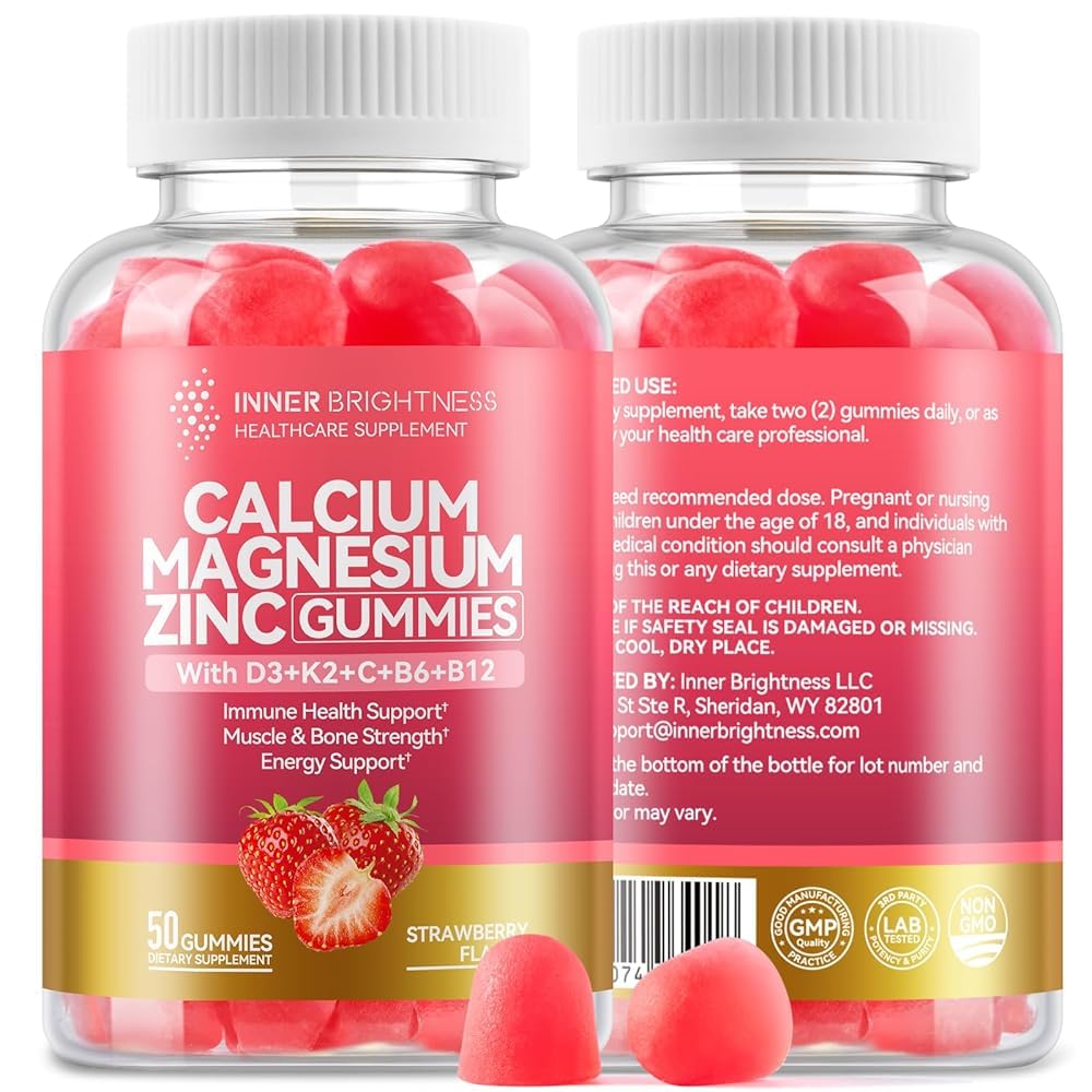 2 Pack Calcium Magnesium Zinc Gummies with Vitamin D3, K2, B12 & B6 for Women and Men, Calcium Citrate with Boron, Copper and Ashwagandha for Bone, Muscles, Calm Mood & Sleep Support, Immune Health