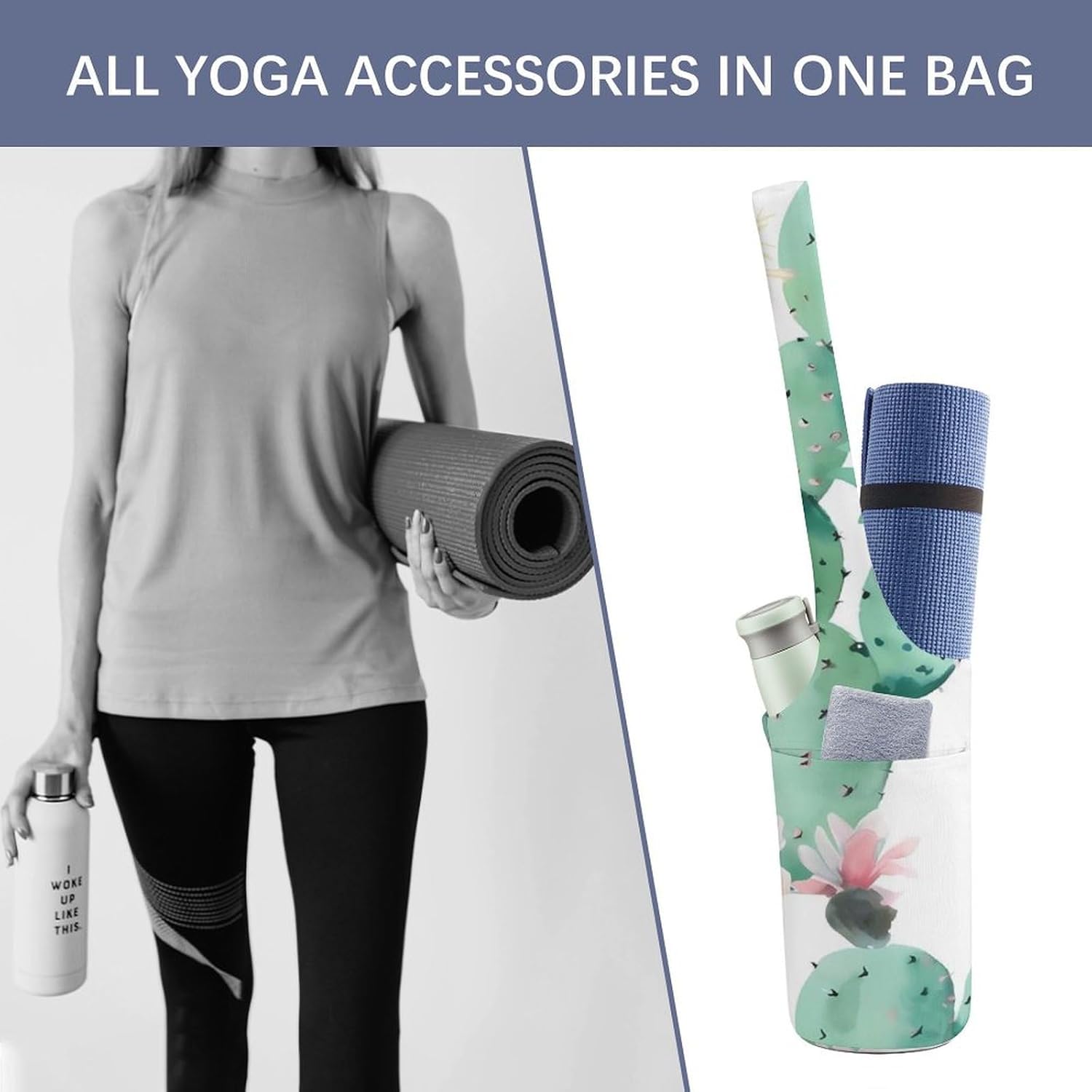 Canvas Yoga Bag,Cactus Pattern Printed Yoga Mat Handbag,Portable Yoga Mat Bag Large Capacity Gym Bag for Men Women Pilates Beach Travel