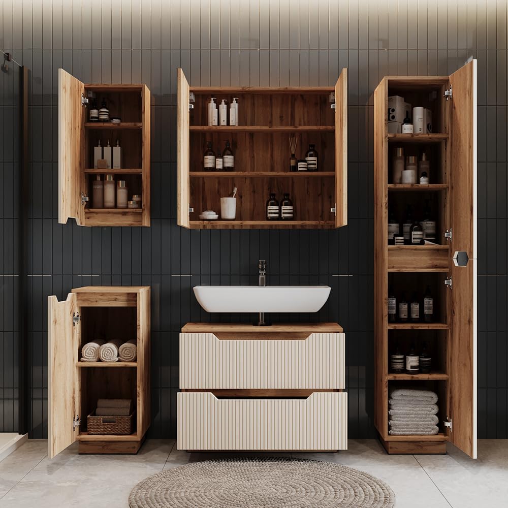 Vicco Meuble sous Vasque Simple Lotta, Cachemire, 79.6x62.5cm avec 2 tiroirs, pour Le Rangement des Accessoires de Salle de Bain et Le raccordement au lavabo