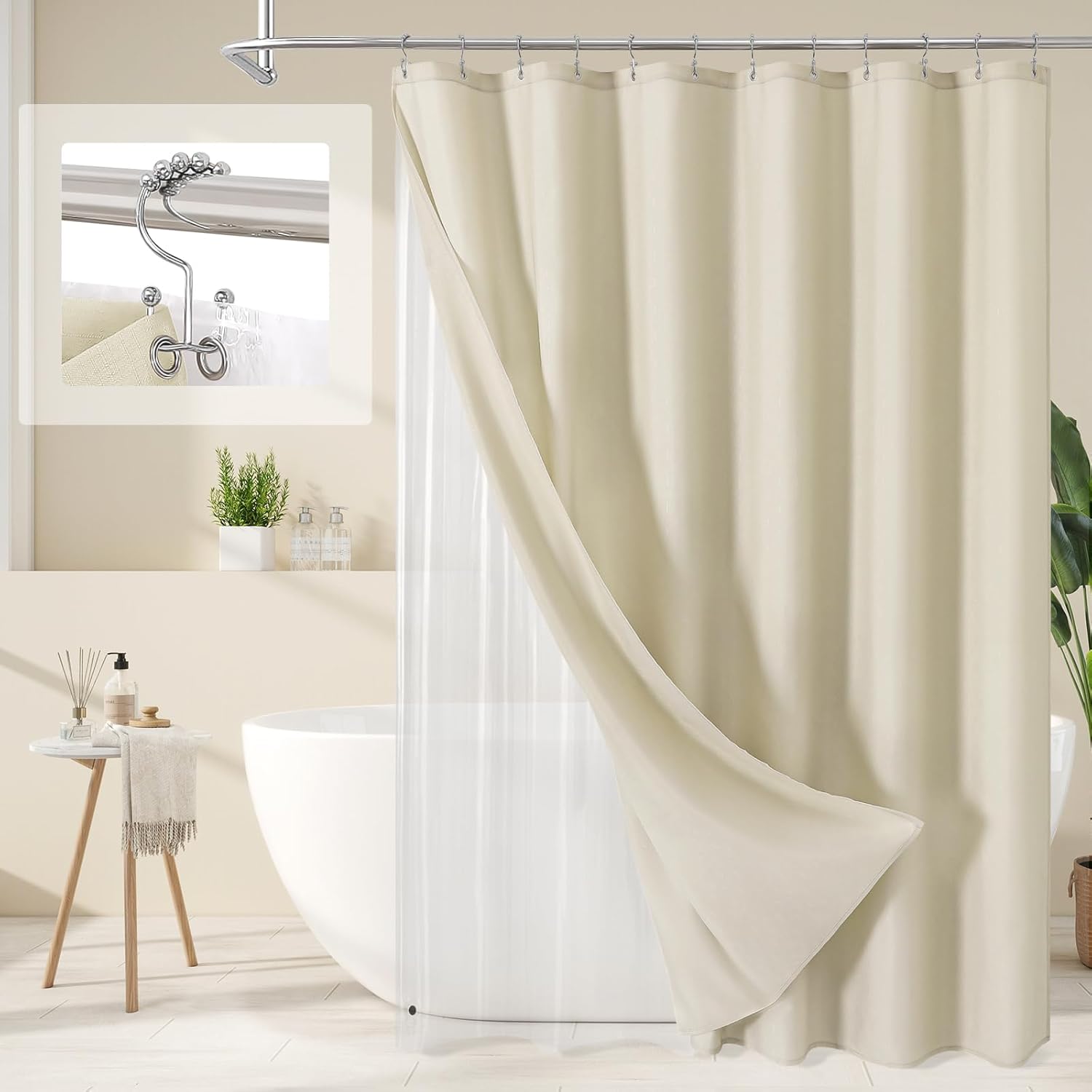 MitoVilla Juego de cortina de ducha 3 en 1, cortina de baño con textura de lino neutro bohemio y forro de PEVA transparente con 12 ganchos de acero