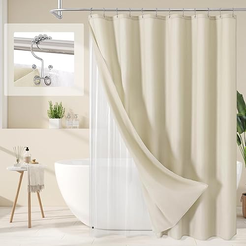 MitoVilla Juego de cortina de ducha 3 en 1, cortina de baño con textura de lino neutro bohemio y forro de PEVA transparente con 12 ganchos de acero