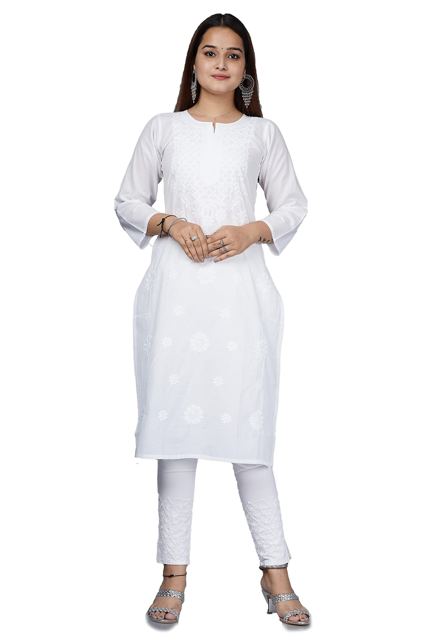 Lucknowi Embroidered Chikan Work White Cotton Casual Regular Kurti for Women & Girls 43 Inches Length-image-19