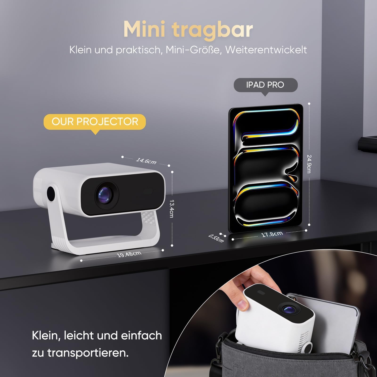 2026 Neuer Smart Mini Beamer Integrierte APP, Android 14, Unterstützt 1080P und 4K-Dekodierung,Automatische Trapezkorrektur, WiFi6 & BT5.2 ，Beamer 4K Heimkino für Handy/HDMI/PC