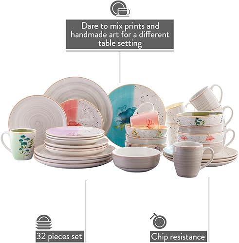 Miniatura 2 de Corona - Vajilla gris Armonia paquete de 32 piezas juego Armonia  Caoba gris pintado a mano y diseño floral juego de vajillas 32 piezas