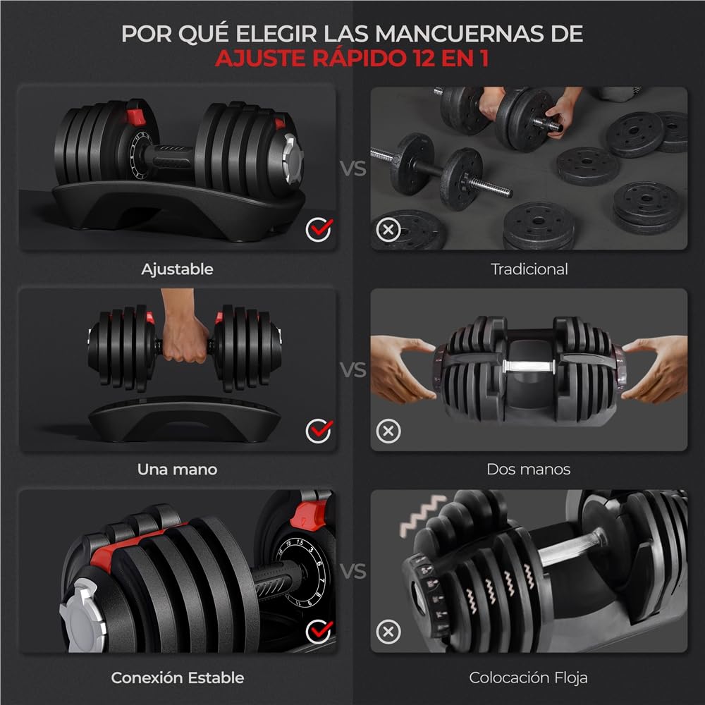 Yaheetech Mancuerna Ajustable 12 en 1/11 en 1 Pesas y Mancuernas Ajuste Rápido de 1.5 a 12.5kg/1,5 a 18kg/3 a 24kg/2 a 40kg con Base de Almacenamiento para Gimnasio en Casa