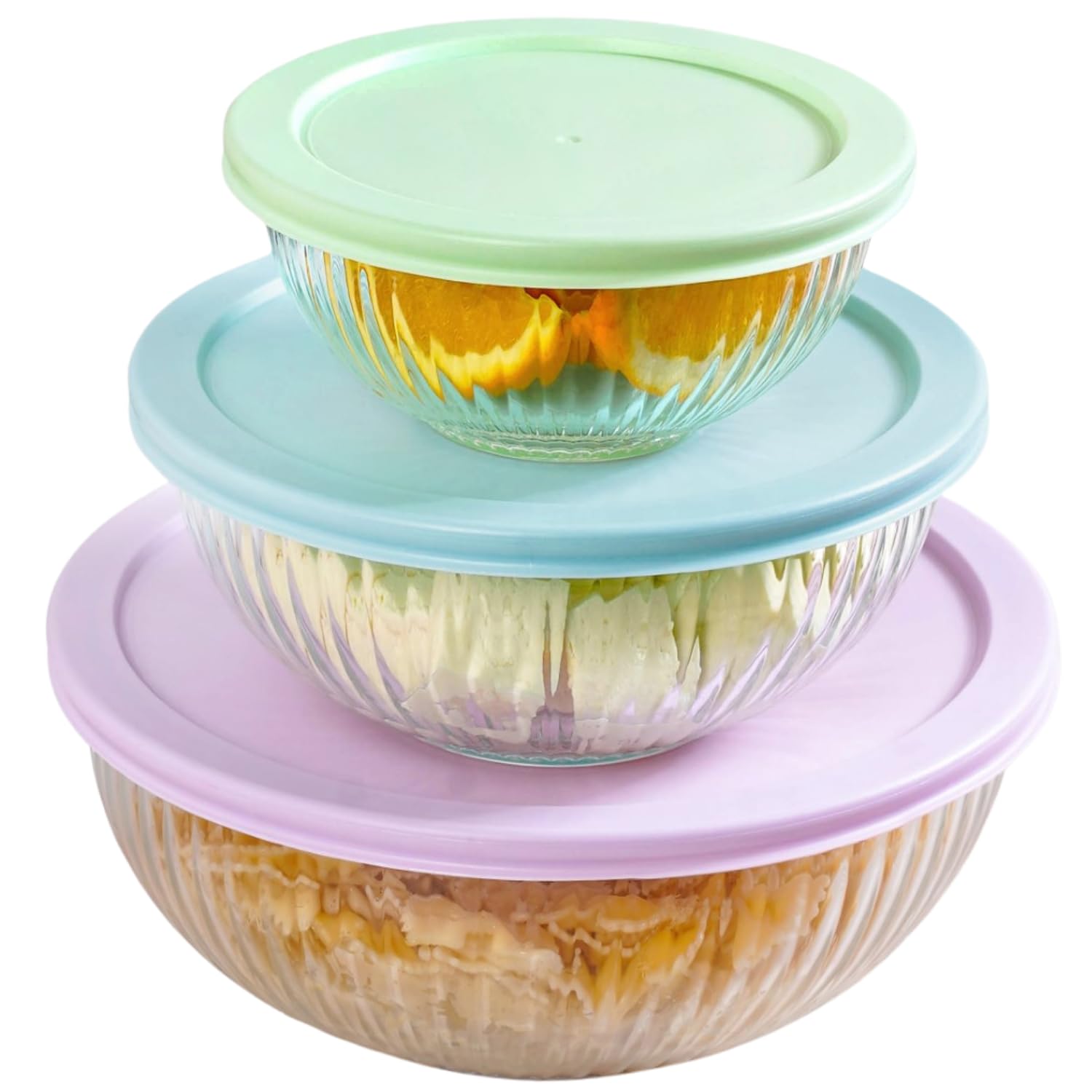 Nestasia Glass Serving Bowl with Lid Set of 3 (500ml, 1000ml, 2000ml), Transparent Mixing Bowl, Microwave, Dishwasher & Refrigerator Safe Glass Container for Kitchen Use