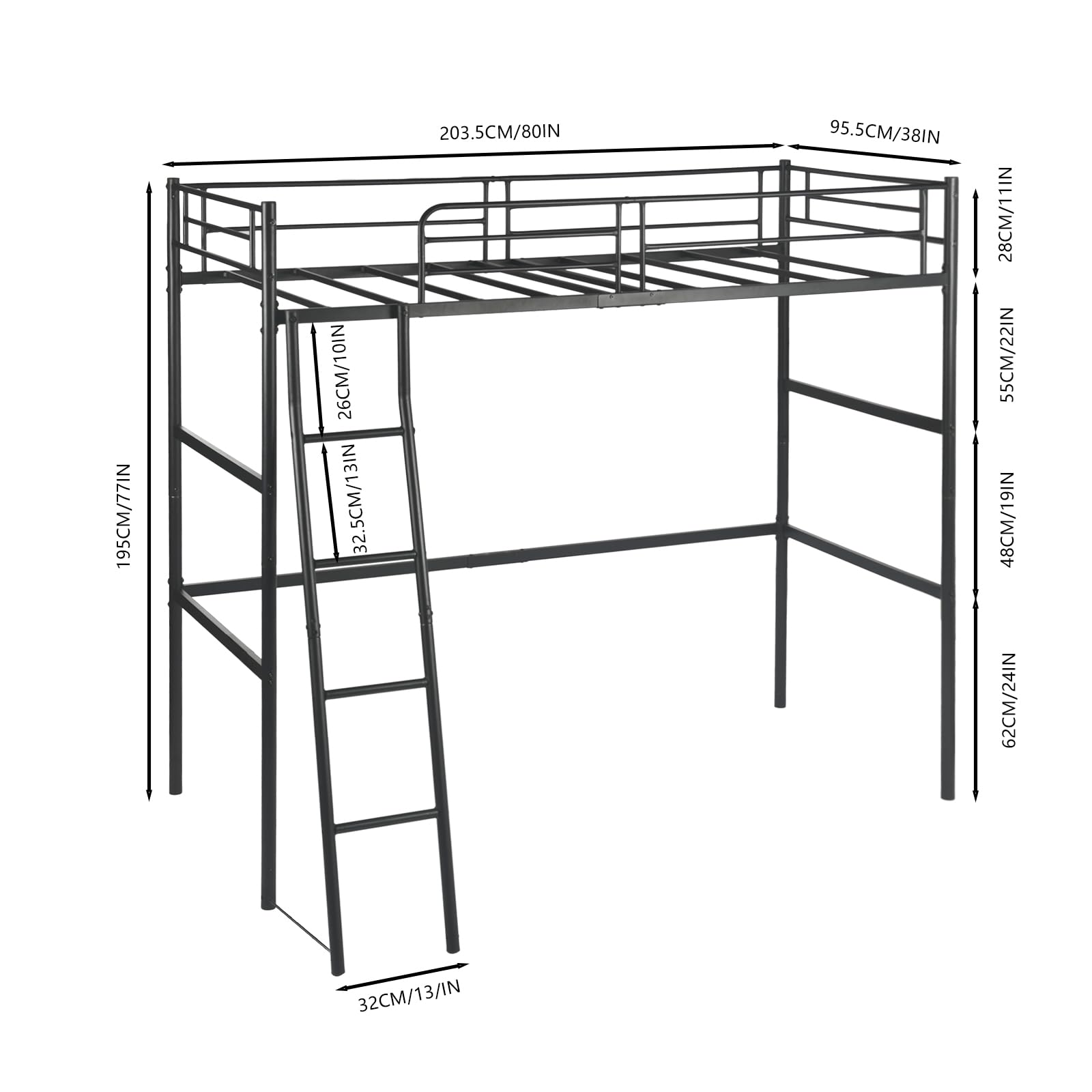 Cama Alta 90 x 200 cm, Cama de Hierro con Escalera, Cuna con Marco de Hierro, Negro, para Habitaciones Juveniles | Cama de hierro con escalera, estructura robusta, color negro, ideal para habitaciones juveniles, soporta hasta 150 kg