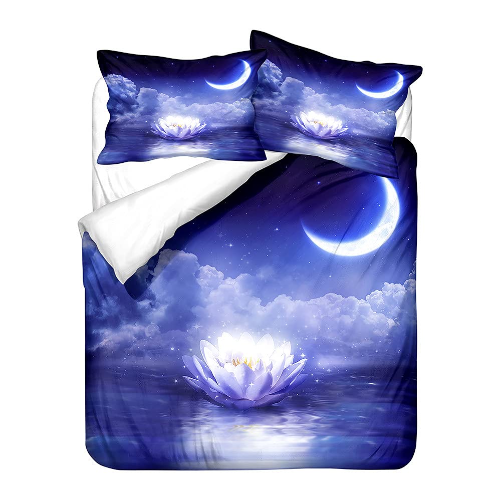 Hiser Duvet Cover Set 3 Pieces, 3D Lotus Flower Printing Bedding Sets for Adult Child Boy Girl Bedroom Single Double King Bed, Highliving Quilt Case with Pillowcases (navy moon,220x260cm)