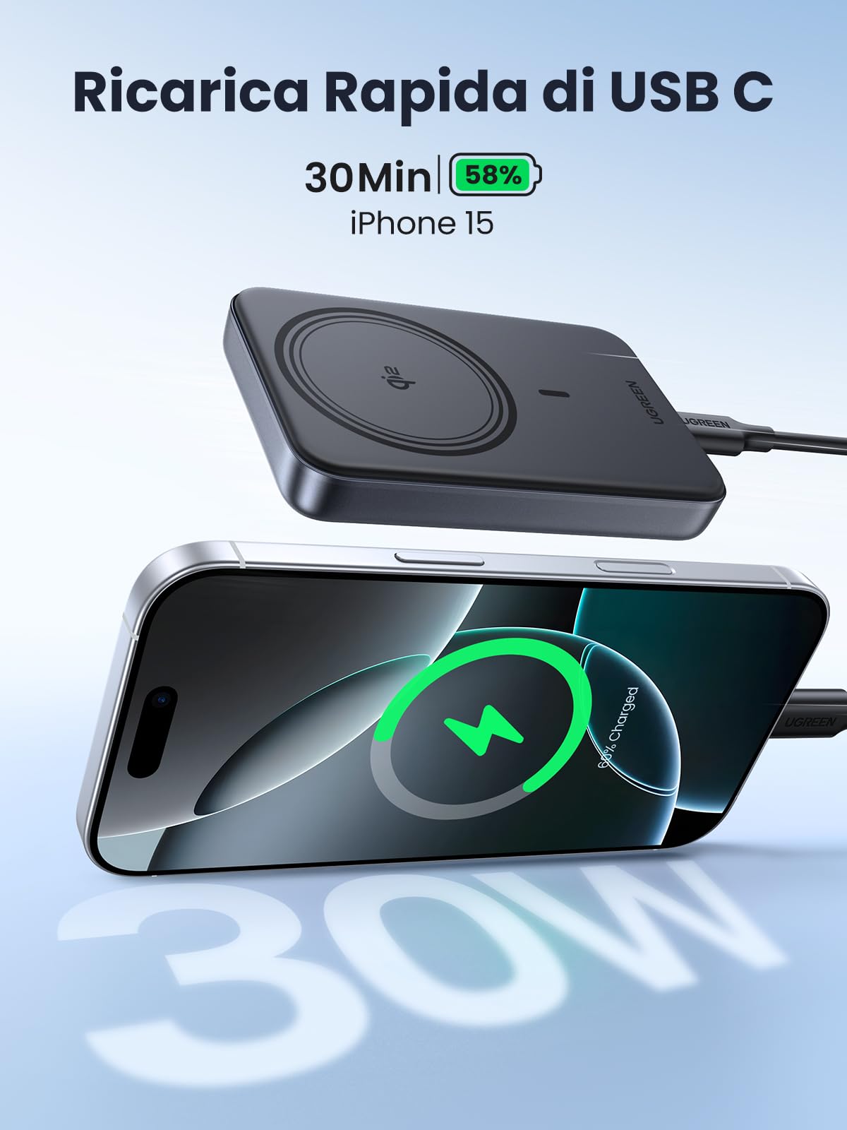 UGREEN Nexode Power Bank Magnetico 10000mAh Qi2 15W, Caricatore Portatile Magsafe USB C PD 30W con Cavo Type C, Compatibile con iPhone 16 15 14 13 12 Mini Plus Pro Max