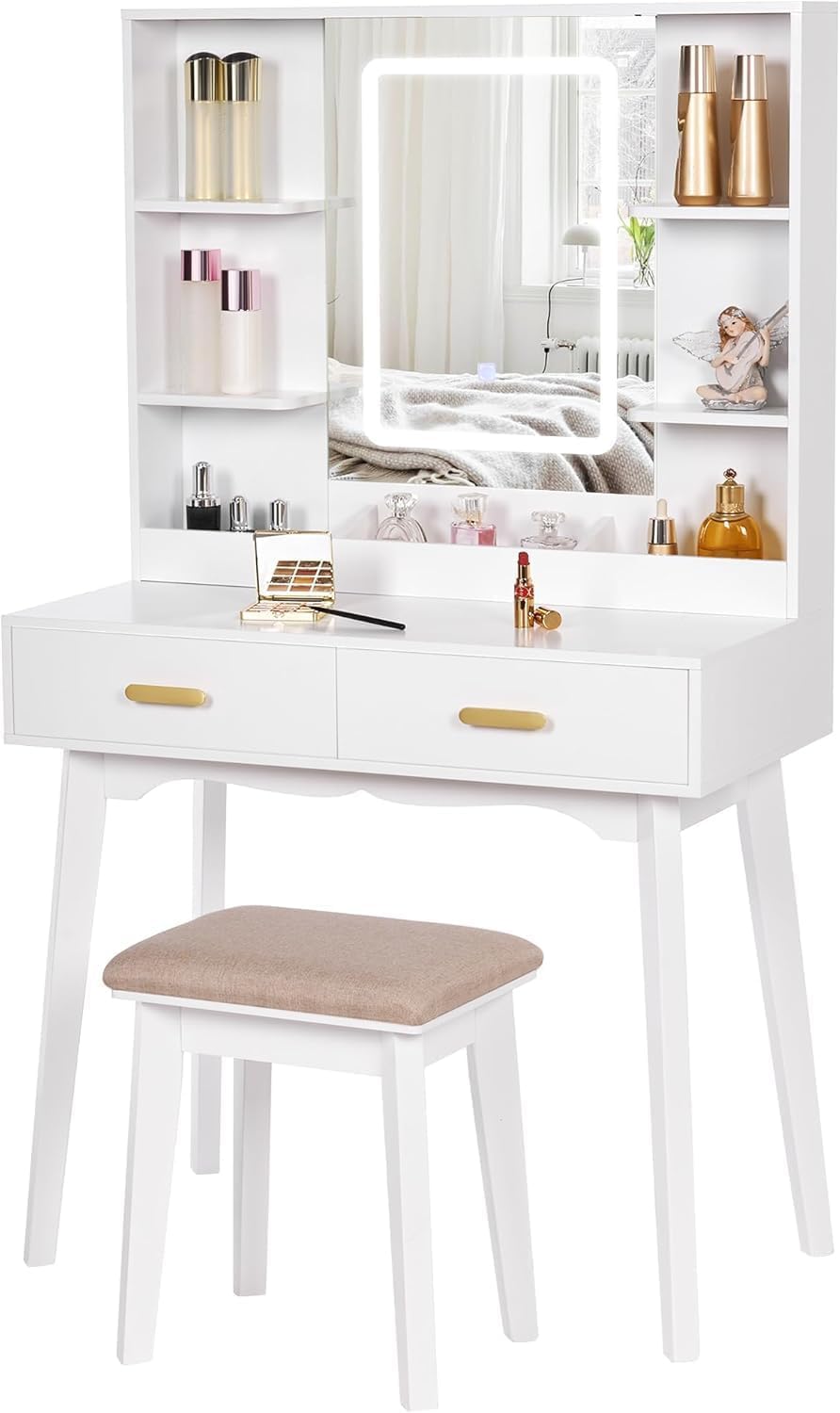 Teousev Coiffeuse Blanche Sans Miroir 90x40x78cm Avec Lumières Et Tabouret - 2 Tiroirs JR14