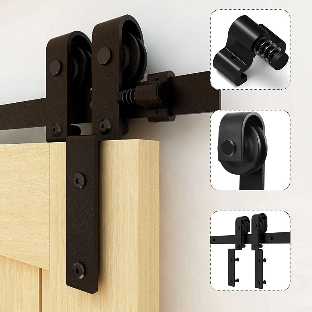 20FT Bypass Sliding Barn Double Wooden Door Hardware Kit, Single Track, Flat J Shape Hanger (Smoothly, Quietly, Easy Install)