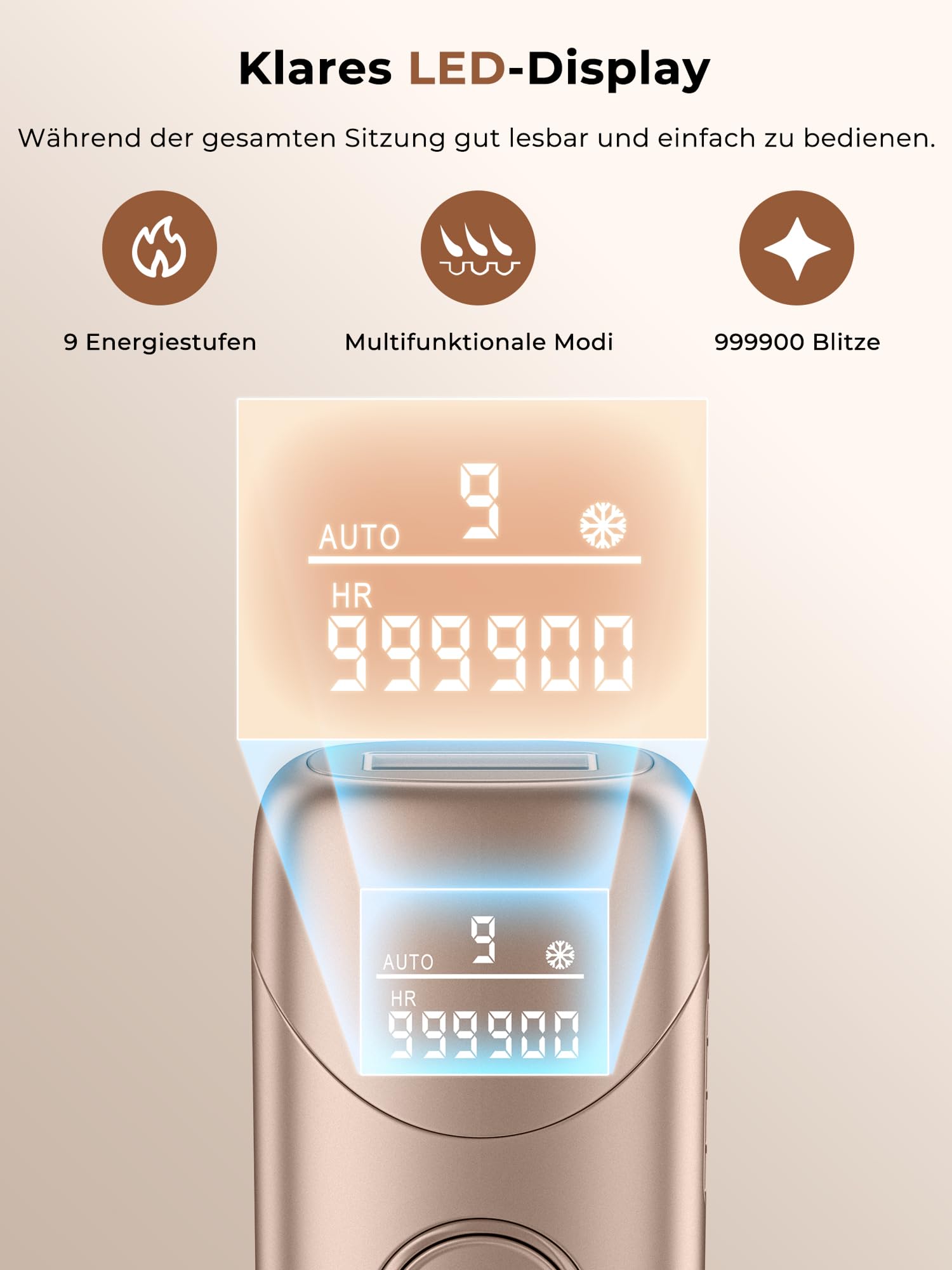 IPL Geräte Haarentfernung mit Kühlfunktion, 9 Energiestufen, 999900 Blitze & 600 NM Rotlicht, Schmerzfrei für Frauen & Männer Gold