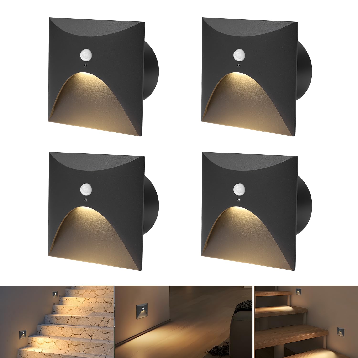 Arotelicht 4er 3W LED Treppenlicht mit Bewegungsmelder Warmweiß 3000K Aluminium Einbaustrahler 230V Eckig Wandeinbauleuchte Treppenleuchte Wasserdicht Innen Außen Schwarz Stufenlicht, Ø60mm