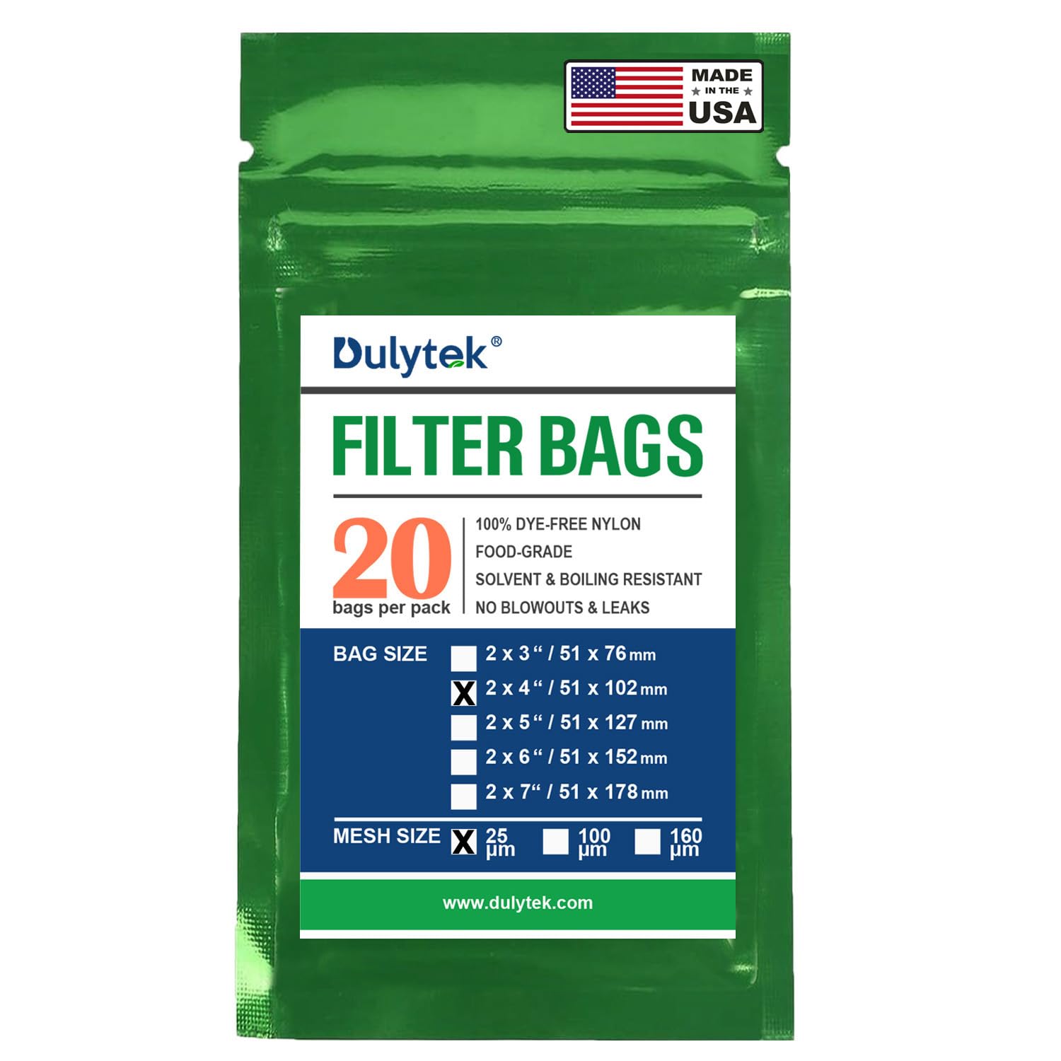 Dulytek Premium Nylon 20 Pcs Filter Bags, 25 Micron, 2" x 4", Double-Stitching, Zero Blowouts, Made in the USA