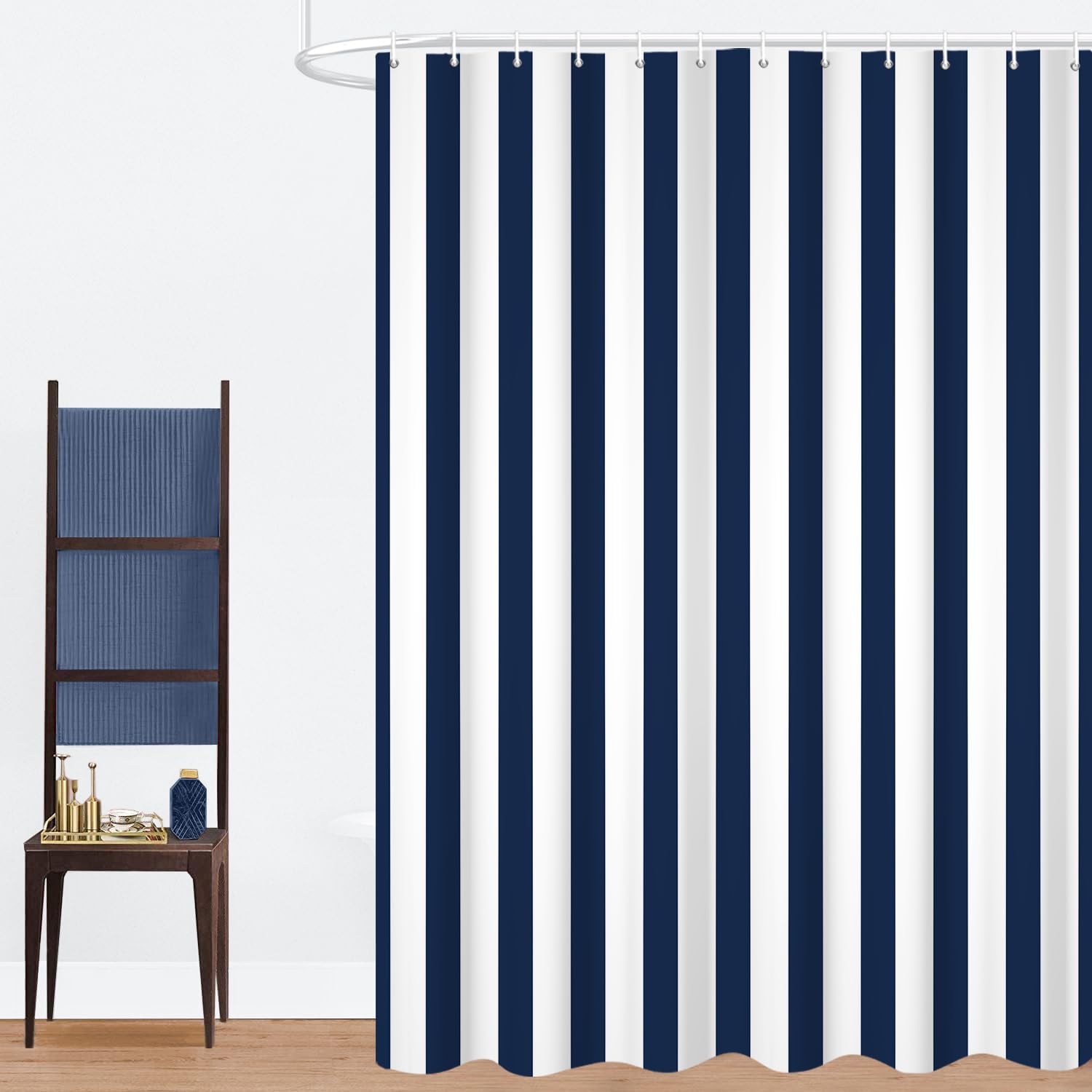 GCIREC Shower Curtain, 150x180cm, Navy and White Modern Minimalism Vertical Stripes Waterproof Fabric Machine Washable Bathroom Curtain with Hooks — image 1