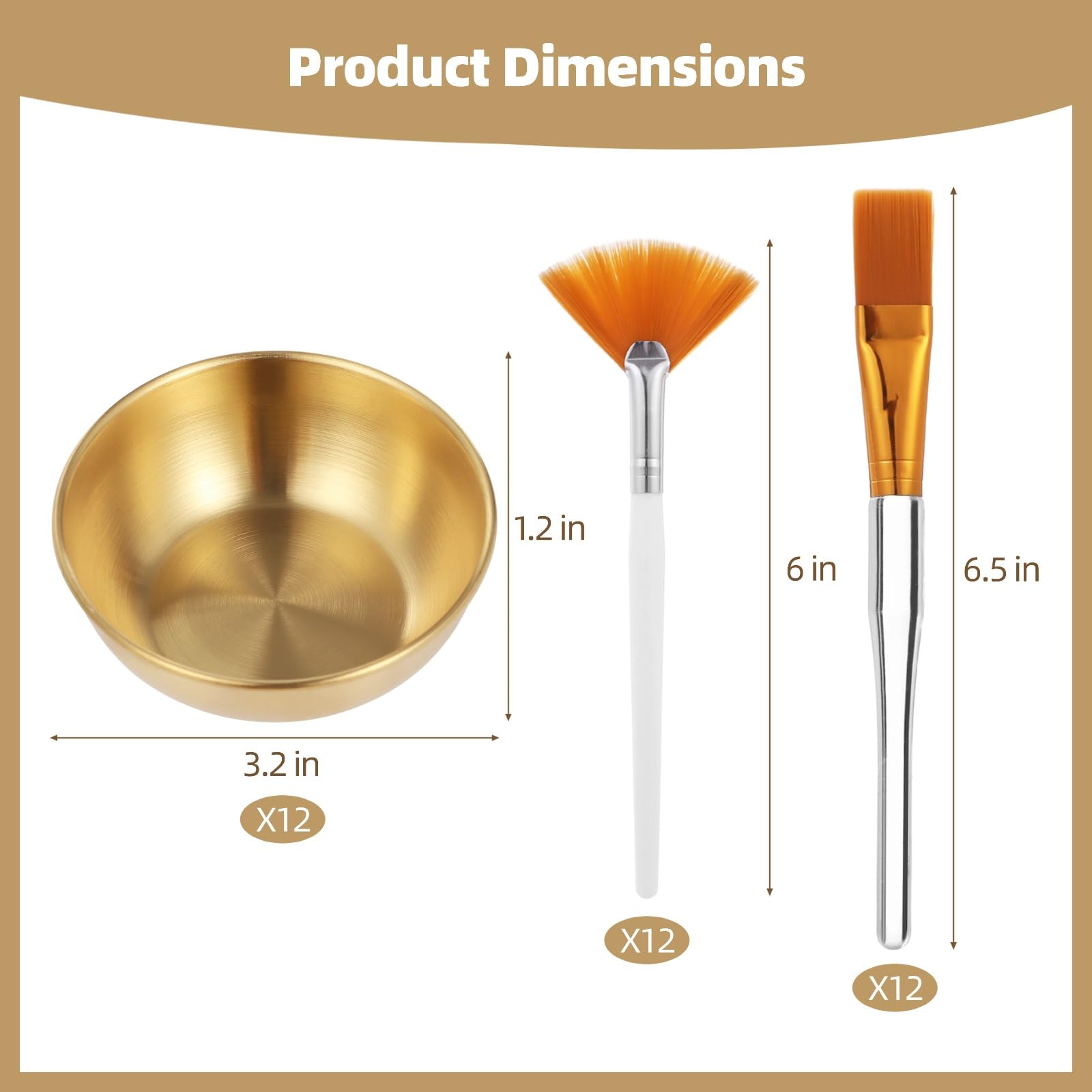 36 pièces, kit esthéticienne pour soins du visage, 12 bols en acier inoxydable doré, 12 pinceaux éventail et 12 pinceaux de détail, application uniforme des masques, kit masques à l'argile