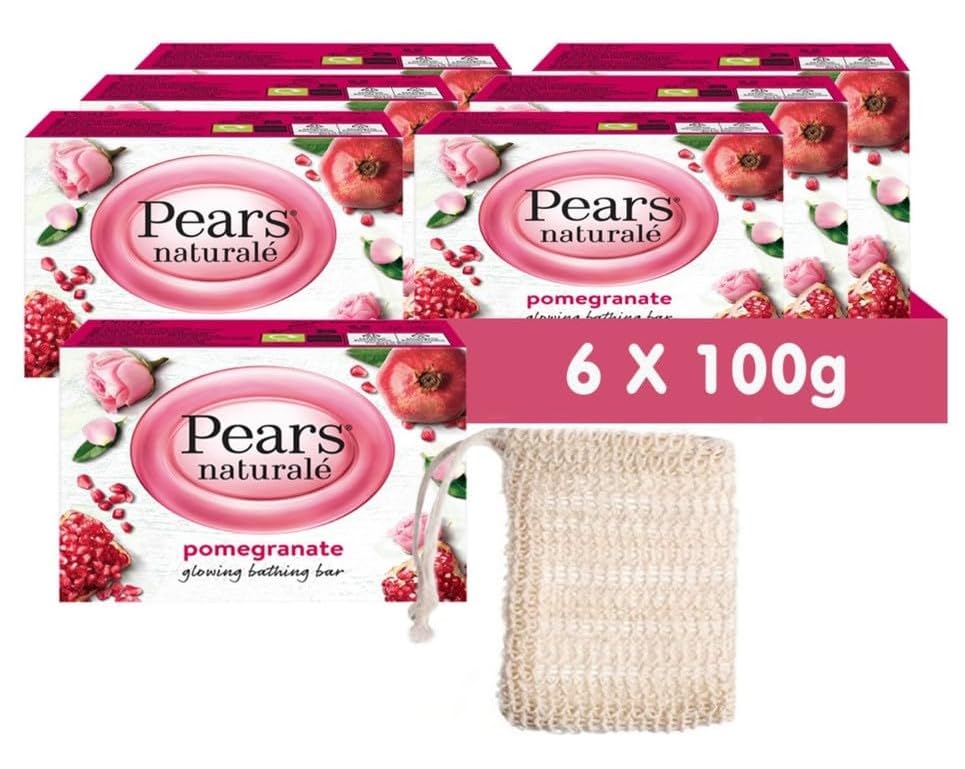 Pears Naturale Pomegranate Soap Bars 100g 6 Pack + 1x Soap Bag, 100 g (Pack of 6)