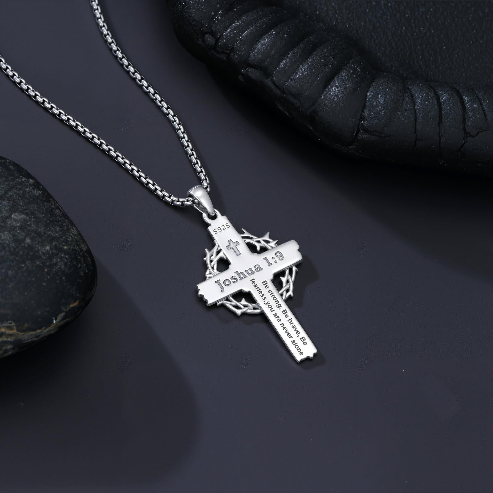 Kreuz-Halskette mit Josua 1:9, 925er Sterlingsilber, Dornenkrone Kreuz-Anhänger, Schmuck für Herren, inkl. Edelstahl-Kette 55 cm + 5 cm Verlängerung