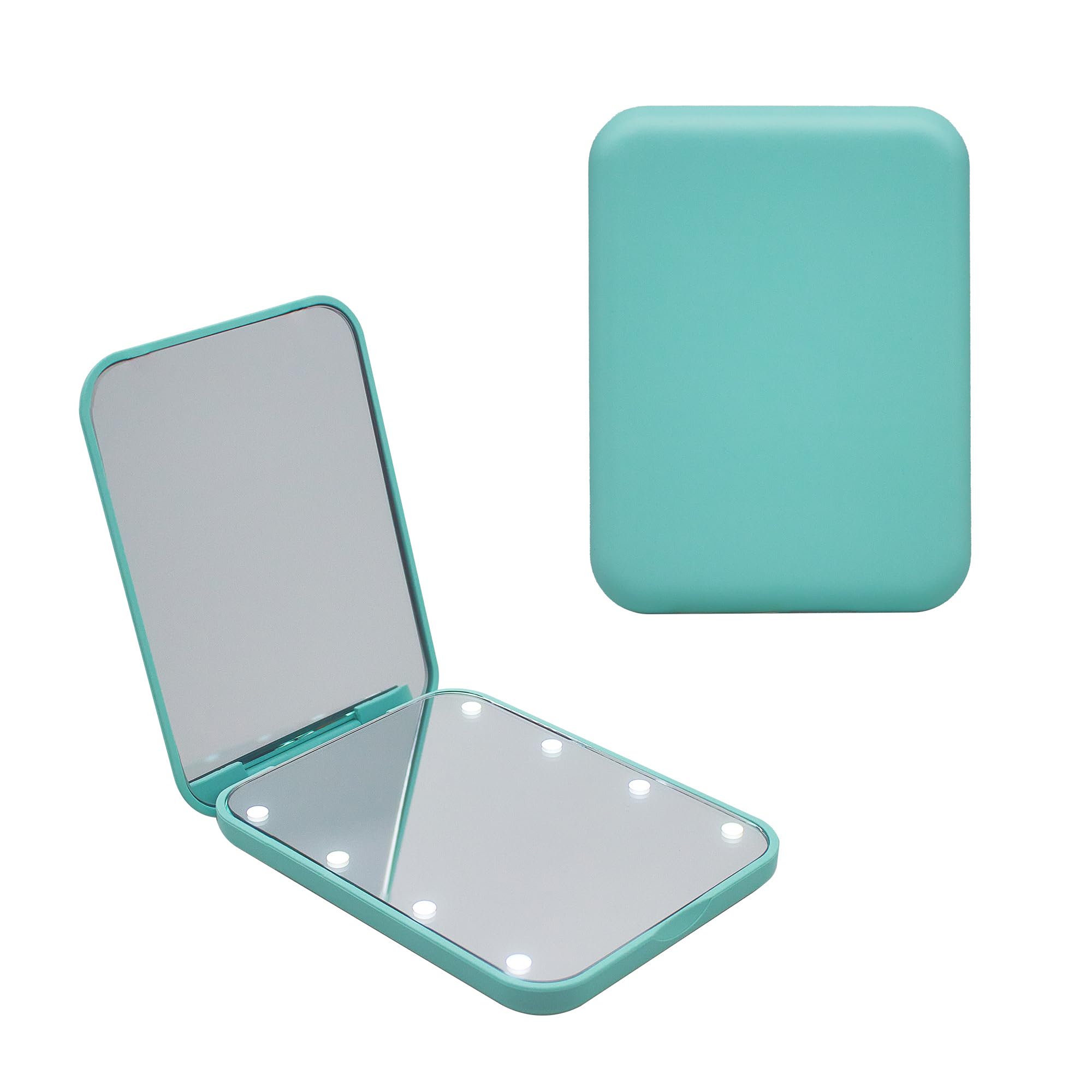 Portable LED Compact Travel Pocket Small Mirror with Light- 2-Sided 1X/3X Magnification, Folding Design, Handheld Mini Light-Up Mirror for Purse in Green.