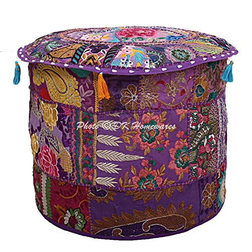 DK Homewares Indian Vintage Patchwork Pouf Ottoman Cover Purple Round Foot Rest Living Room Cotton Embroidered Pouffee Floor Pillow Case Floral Traditional 18x18x13 - COVER ONLY