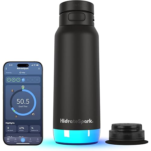 HidrateSpark PRO 2 – Smart Hydration Bottle with Drink Reminders & Water Tracking, 32oz Stainless Steel – Syncs with Apple Health, Fitbit, Smart Rings & Smart Watches - Chug Lid - Black