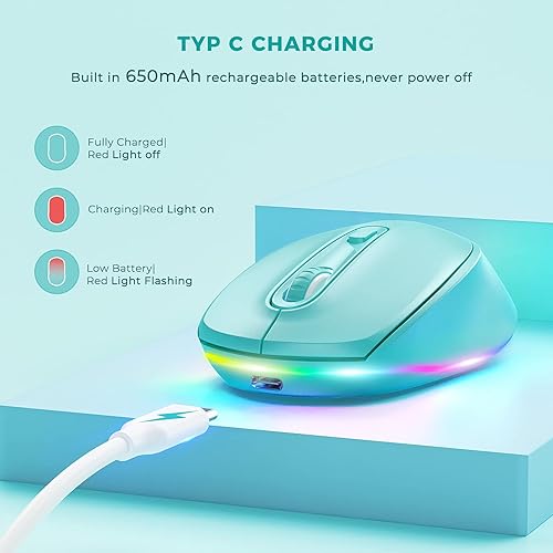 Miniatura 6 de seenda Ratón Bluetooth, ultra silencioso, recargable, inalámbrico, con luz (Bluetooth 3.05.0+USB) con luces LED arcoíris para computadora, laptop,