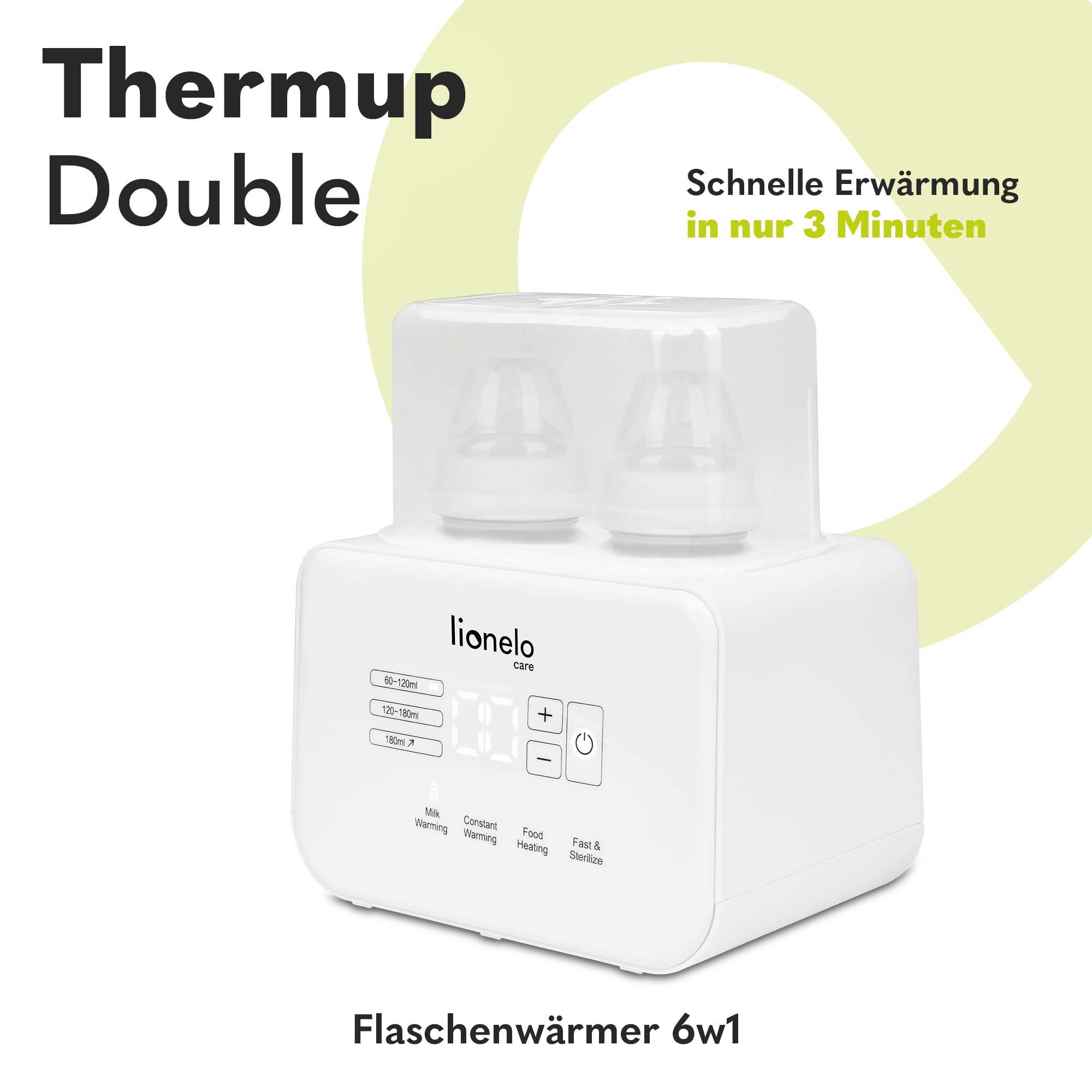 LIONELO THERMUP Doppel-Flaschenwärmer, 2 Flaschen gleichzeitig, erhitzen Erhitzen der Milch in 3-5 Minuten, 6 Arbeitsmodi, Funktion Sterilisator und Defrost, Ruhige Arbeit, Sicher zu benutzen