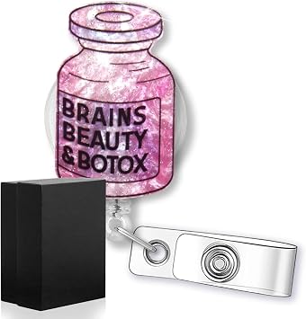 Brains Beauty Botox Funny Glitter Badge Reel Retractable Badge Holder for Esthetician Dermatologist Dermatology Aesthetic Cosmetic Nurse Surgeon, Beauty Salon, Skin Doctor Gift, Plastic