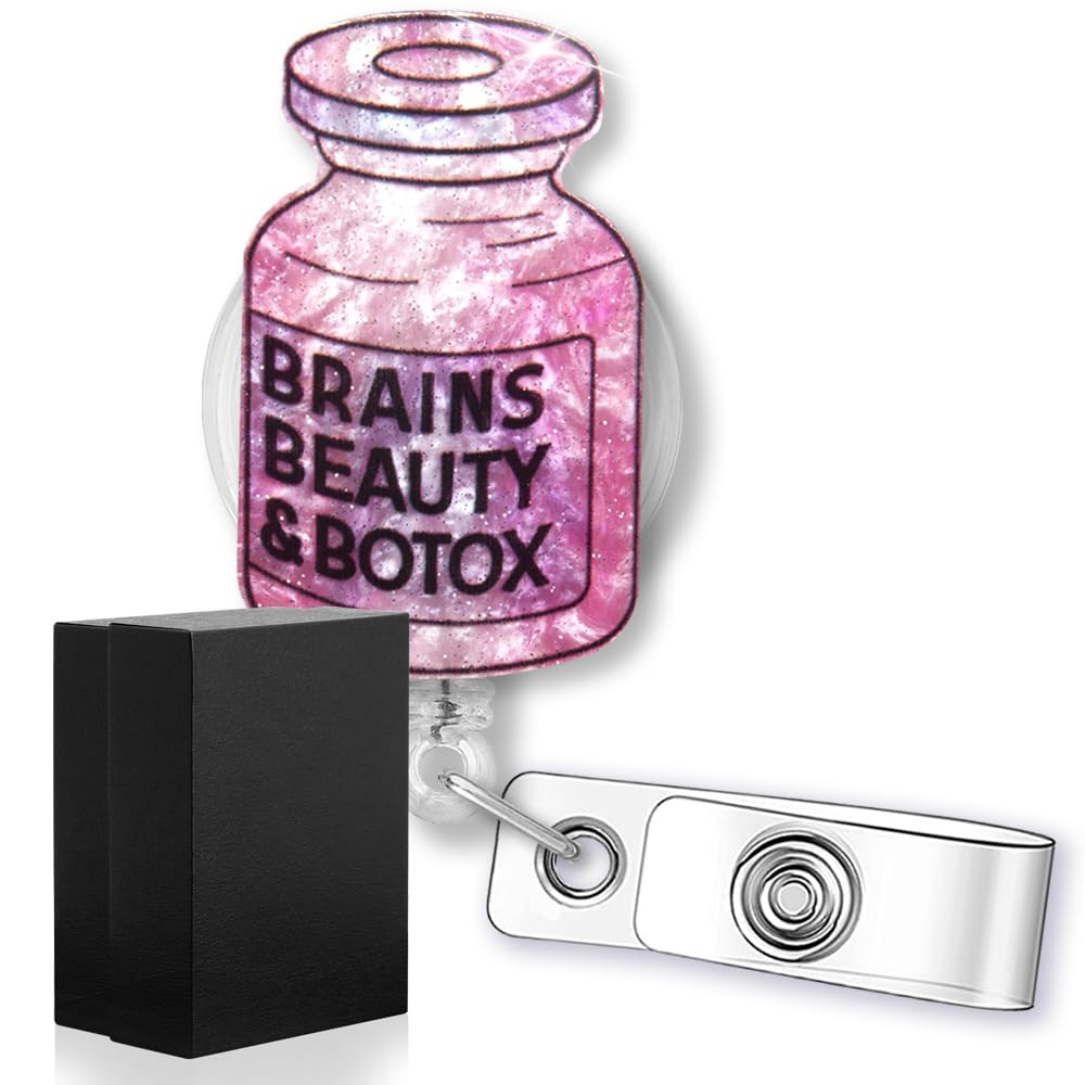 rofiowa Brains Beauty Botox Funny Glitter Badge Reel Retractable Badge Holder for Esthetician Dermatologist Dermatology Aesthetic Cosmetic Nurse