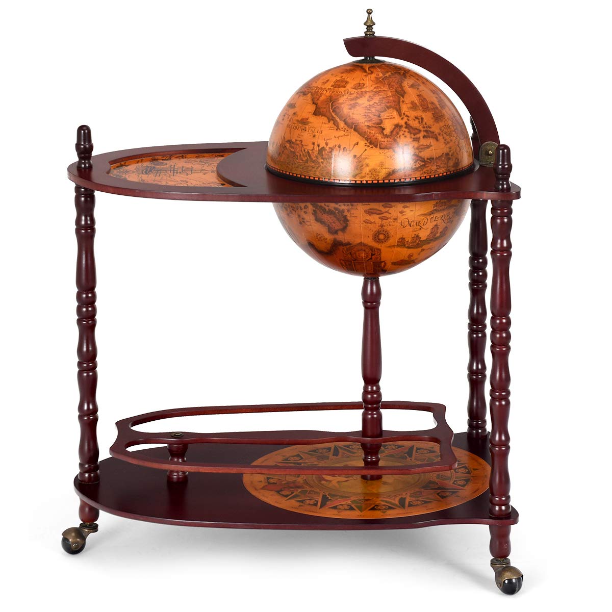 GOPLUS Porta Bottiglie Mappamondo Bar Scaffale per Vino in Modello Mappamondo Vintage Artistico, Supporto Robusto di Legno, con 3 Ruote (Marrone 88x70x45CM)
